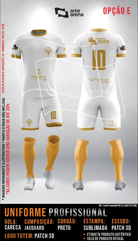 Uniforme oficial do Real Amigos: camisa branca com detalhes dourados, shorts branco e meião dourado